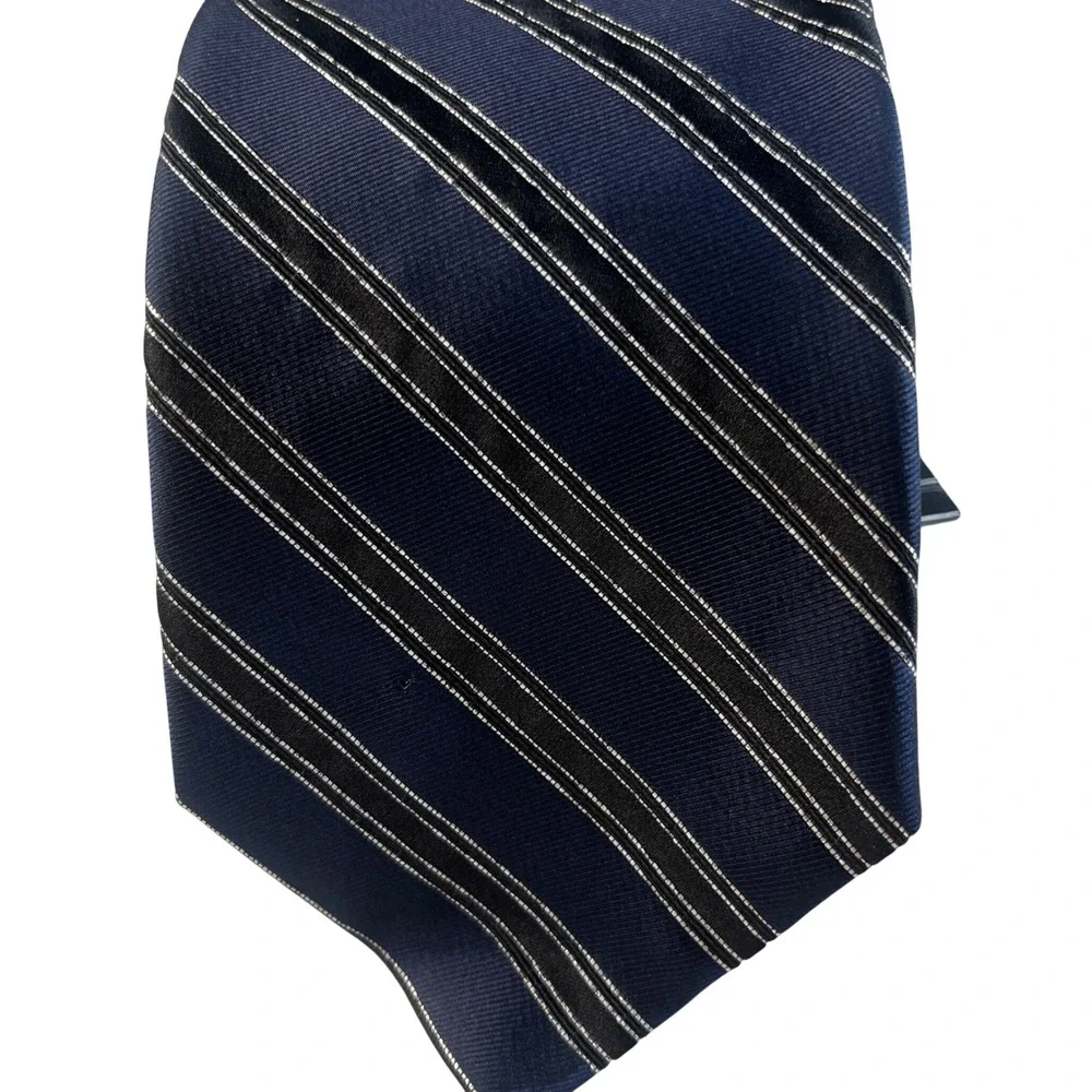 Paul Fredrick‎ Mens Navy Blue Striped Silk Blend Necktie Made in Italy THP3101